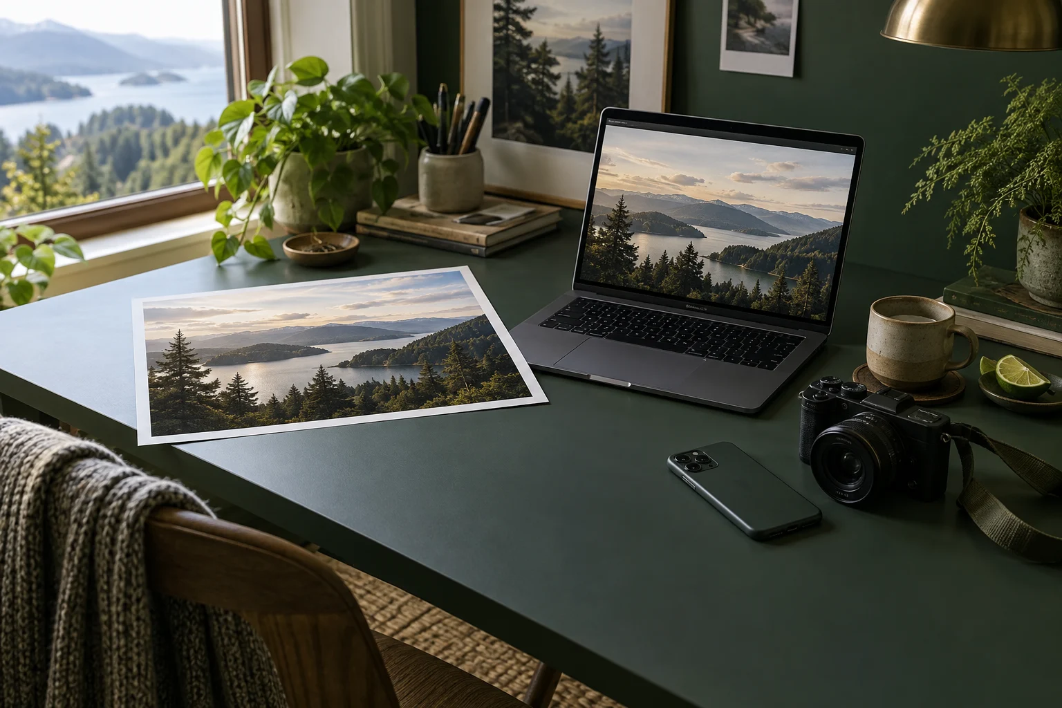 Photo and video editing workspace with a landscape print and laptop