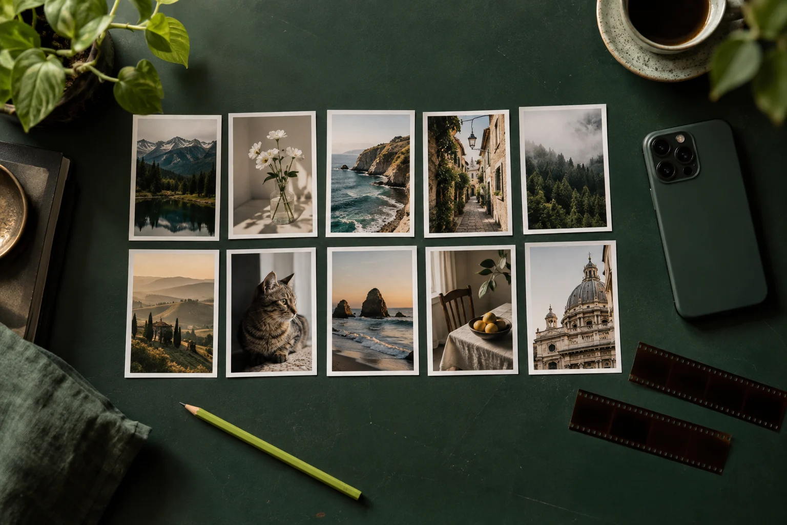 Photographic prints and filmstrips arranged beside a smartphone