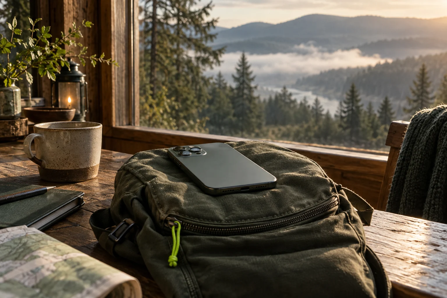 Smartphone on a canvas bag beside a cabin window