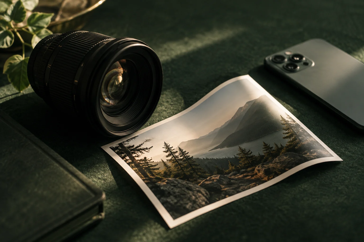Camera lens, landscape print and smartphone on dark green felt