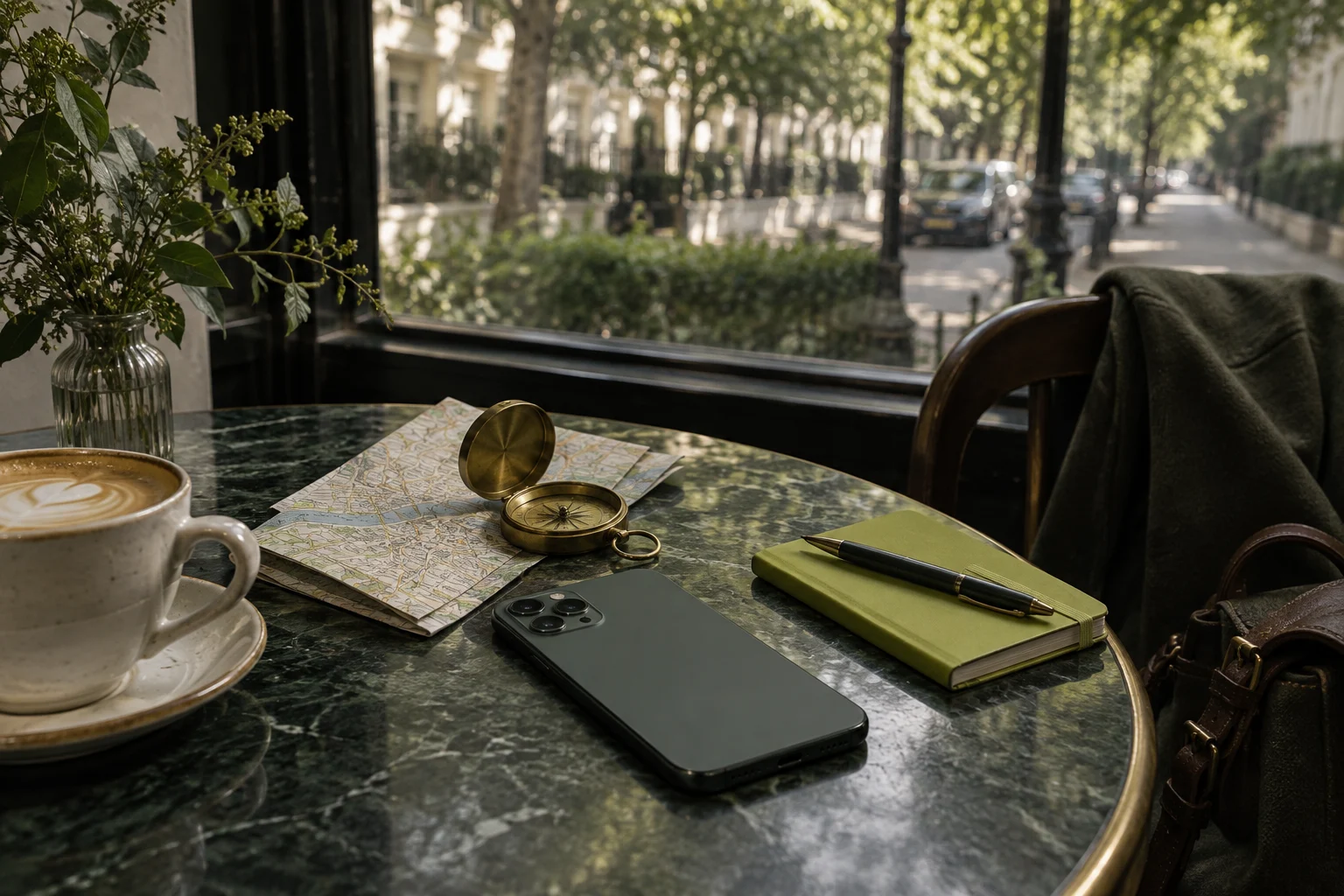 Smartphone, paper map and compass on a cafe table