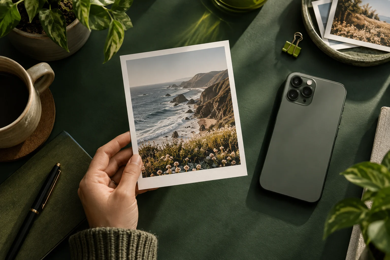 A coastal photographic print held beside a smartphone on a green desk