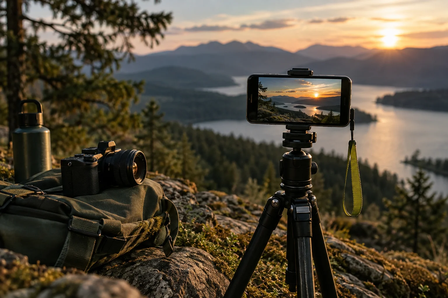 Smartphone on a tripod filming a landscape at sunset